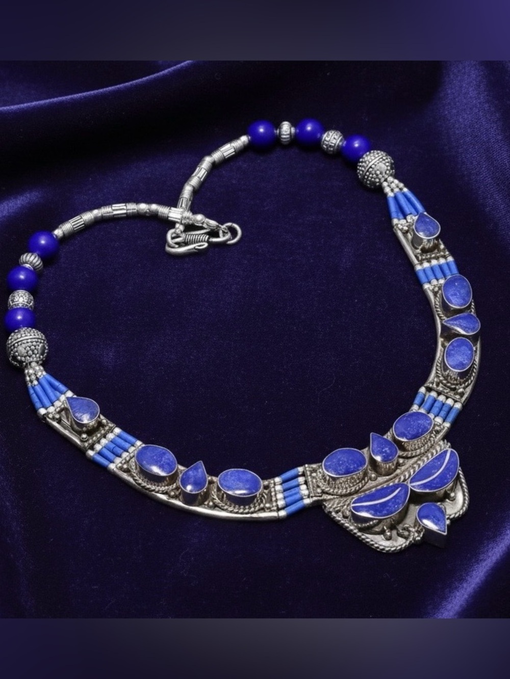 Vintage Tibetan Nepal Style Blue Lapis Chunky Boho Statement Necklace-18”